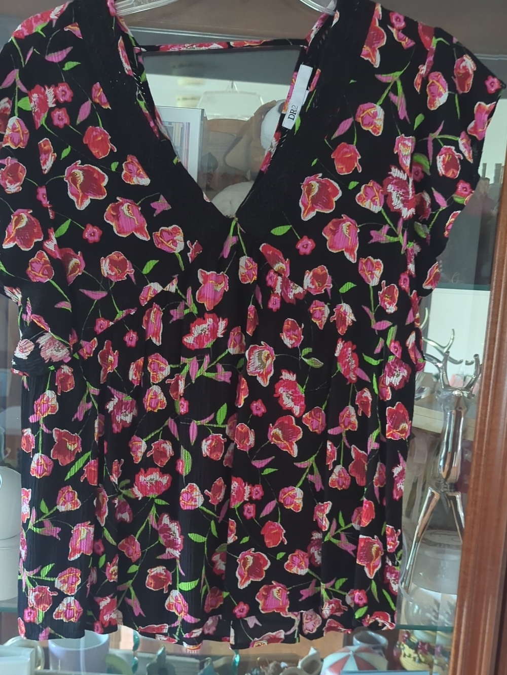 DR2 Black Tunic Top with Pink Floral Print